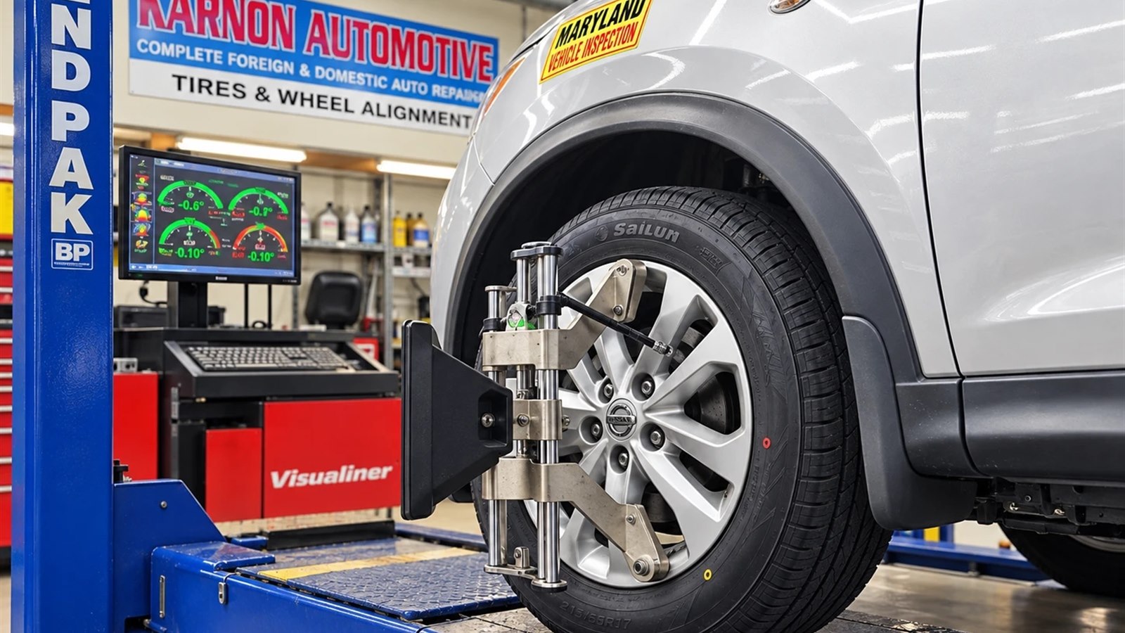 An alignment head clamped to a front wheel on the alignment rack, with the readings on the screen behind it