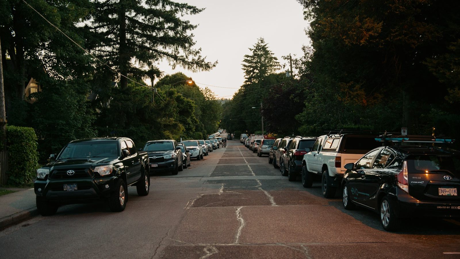 A residential street lined with parked cars at dusk