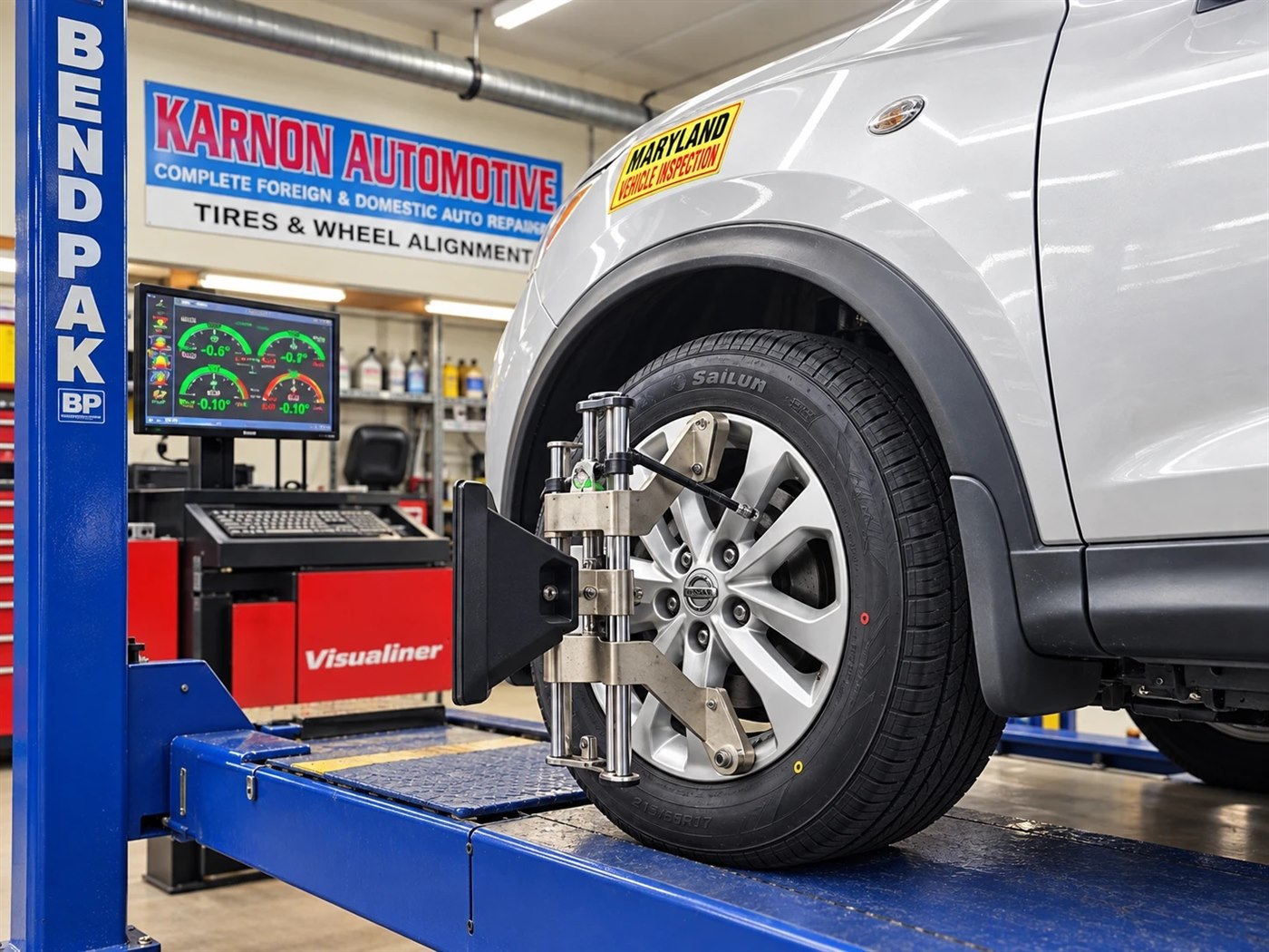 An alignment head clamped to a front wheel on the alignment rack, with the readings on the screen behind it