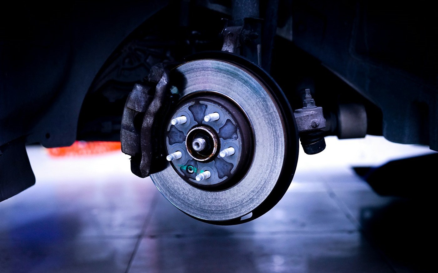 Close-up of a brake disc and caliper
